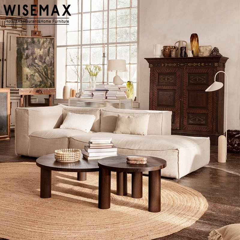 WISEMAX FURNITURE Light Luxury Nordic L Shaped Sofa Living Room Furniture Linen Fabric Pine Wooden Sofa For Home Hotel Villa