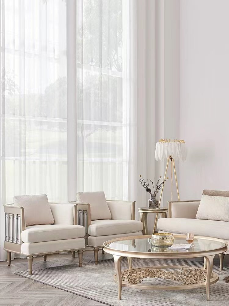American style solid wood light luxury leather fabric sofa Simple modern living room sofa Hollow out villa furniture