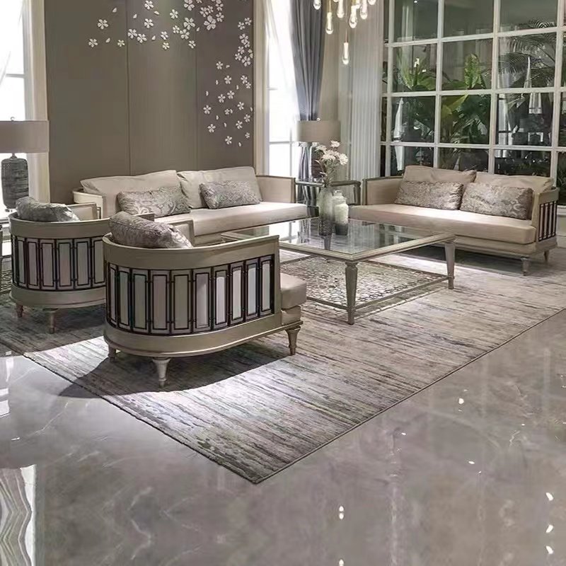 American style solid wood light luxury leather fabric sofa Simple modern living room sofa Hollow out villa furniture