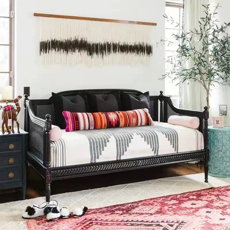 American country retro do old living room white rattan solid wood carved three-person sofa