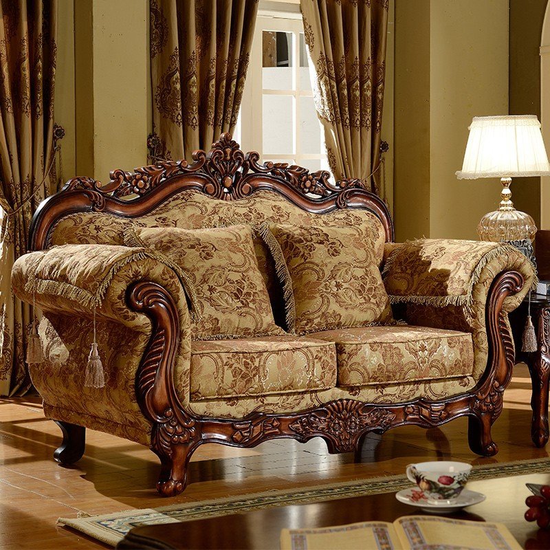 U shaped Combination of European Style Fabric Furniture Sofa Retro Solid Wood Carved Three Seater Sofa Living Eoom Sofa Set