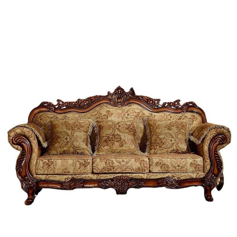 U shaped Combination of European Style Fabric Furniture Sofa Retro Solid Wood Carved Three Seater Sofa Living Eoom Sofa Set
