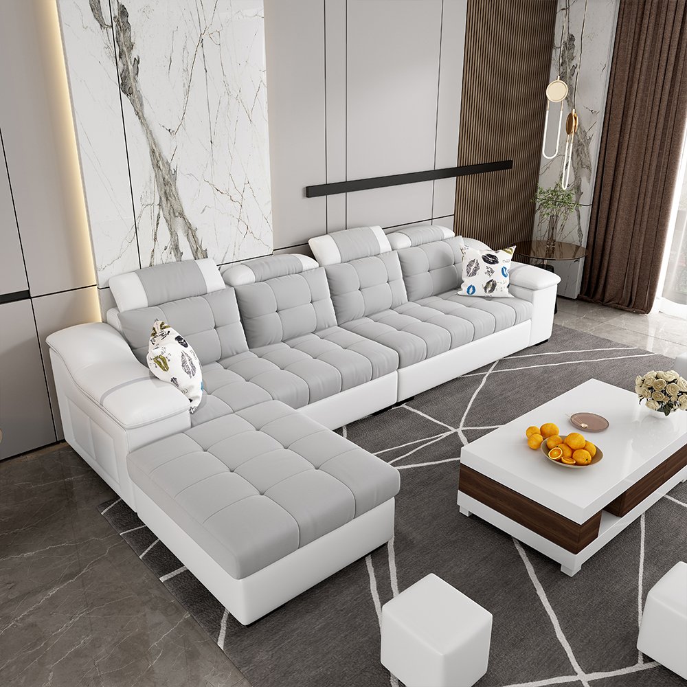 High Quality Modern Fabric Velvet Grey White L 6 Seater Recliner Sofa Set Sectional Sofa Set Furniture For Living Room Bedroom