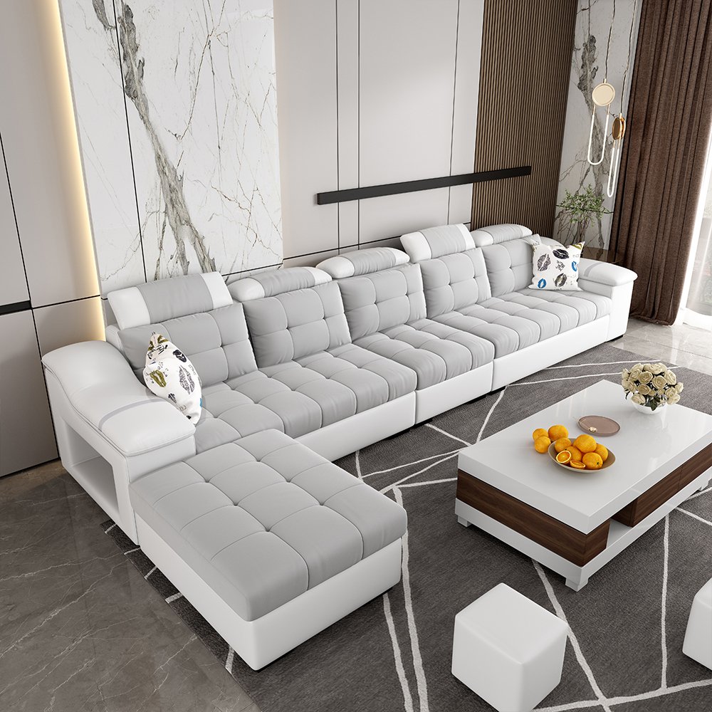 High Quality Modern Fabric Velvet Grey White L 6 Seater Recliner Sofa Set Sectional Sofa Set Furniture For Living Room Bedroom