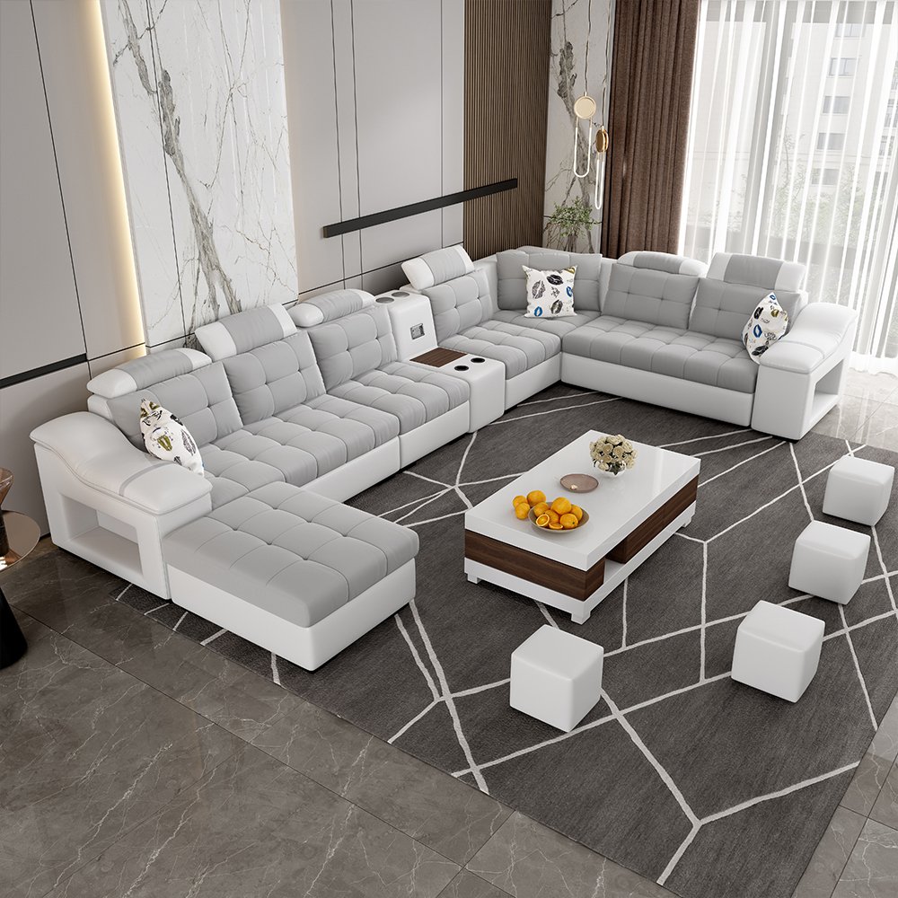 High Quality Modern Fabric Velvet Grey White L 6 Seater Recliner Sofa Set Sectional Sofa Set Furniture For Living Room Bedroom