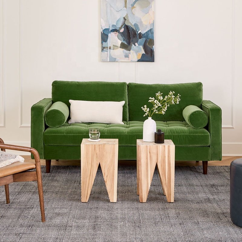 Scott 2-Seater Grass Green Velvet Sofa Set Solid Wood Frame Folding Legs Villas Bedrooms Schools Wholesale Living Room Furniture