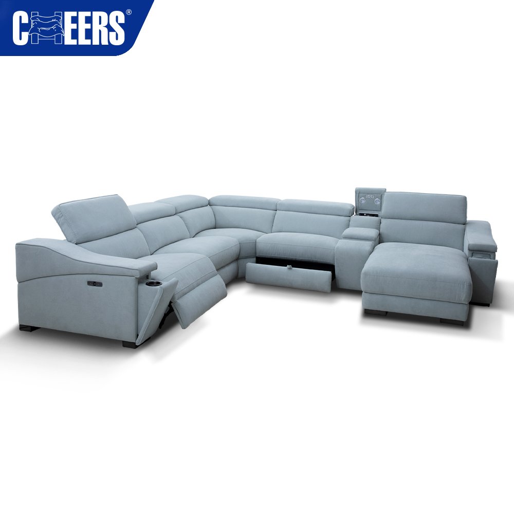 MANWAH CHEERS Fabric Living Room Sofa 5-Seater Power Reclining Sectional with Chaise and Storage for Living Room