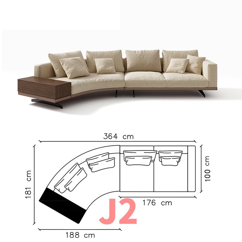 Maxky Italian Style Minimalist Curved Fabric Big Sofa Size Apartment Solid Wood Down Creative Special-Shaped Corner