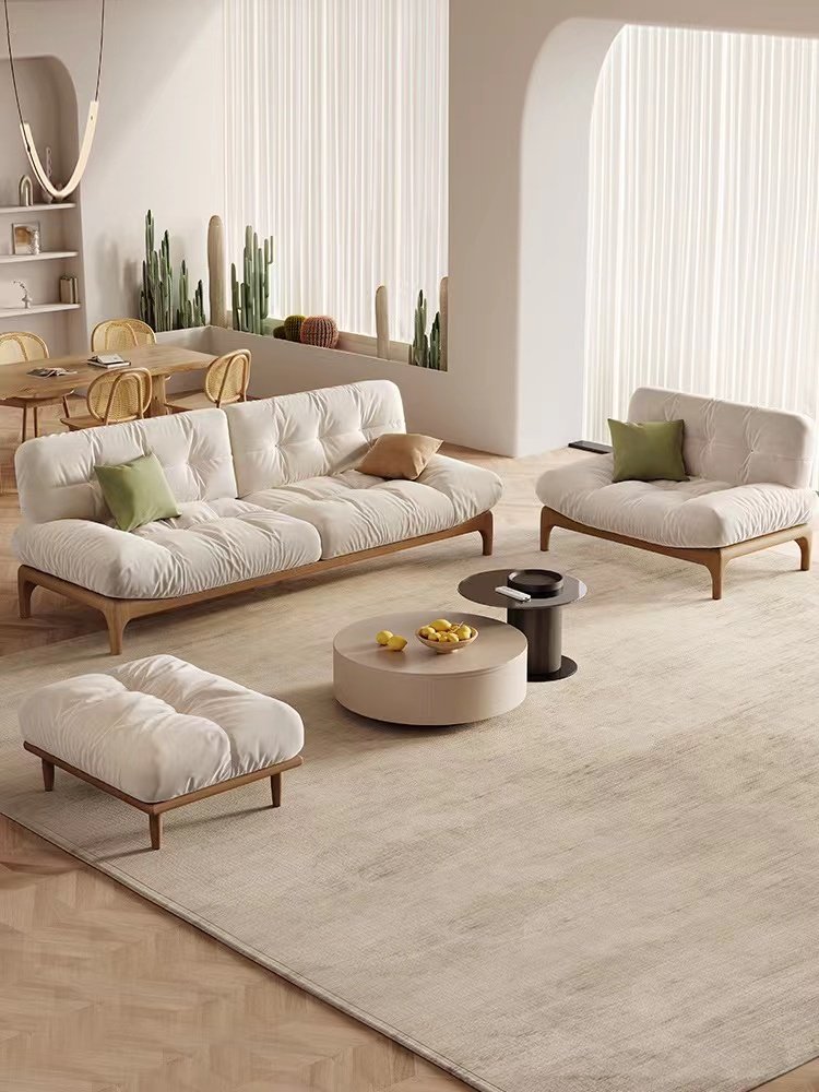 Wooden sofa for room italian cloud sofa Living Room Small Unit Modern Simple Fabric Cream Style Straight Row Sofa