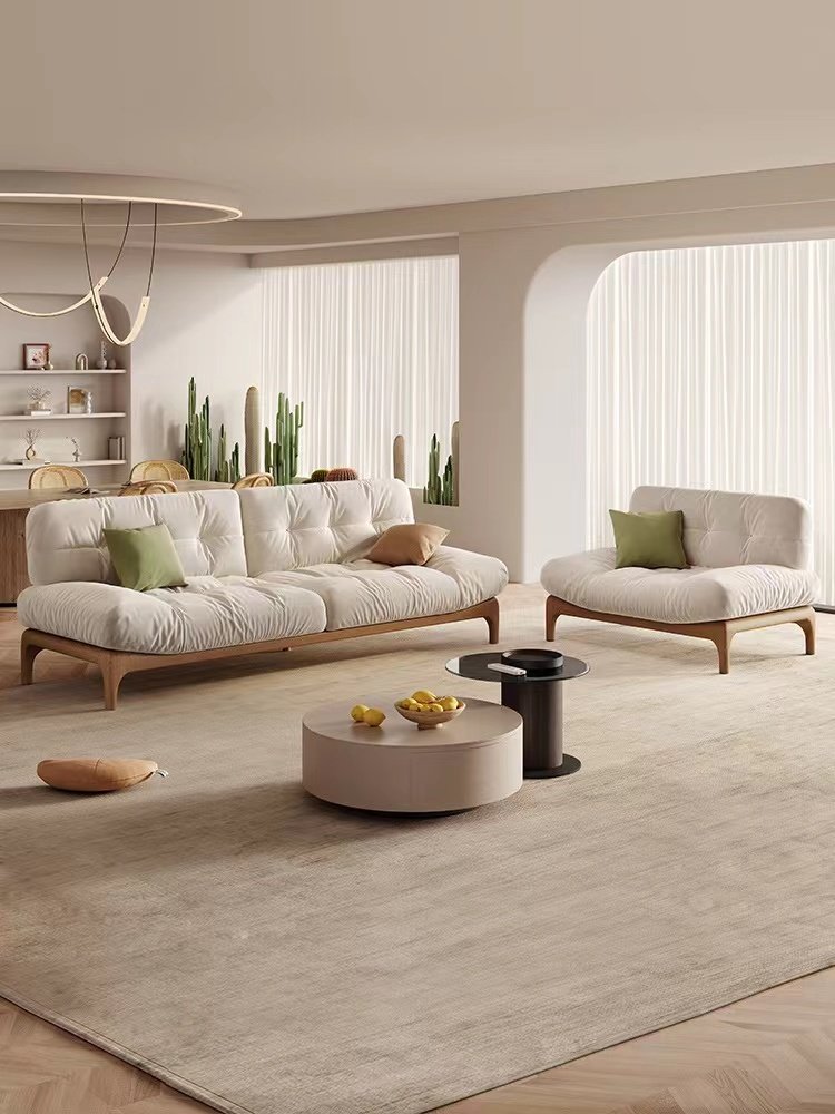 Wooden sofa for room italian cloud sofa Living Room Small Unit Modern Simple Fabric Cream Style Straight Row Sofa