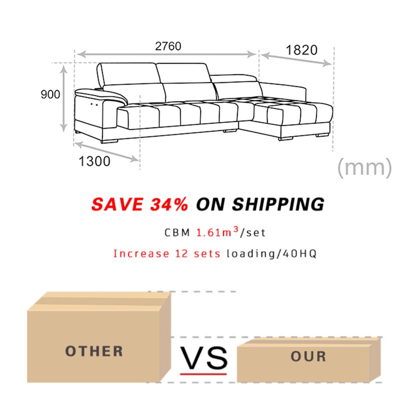 Contemporary Home L Shape Sectional Sofa Furniture Electric Slip Sofa Bed Movable Headrest Fabric Couch Sofa Set