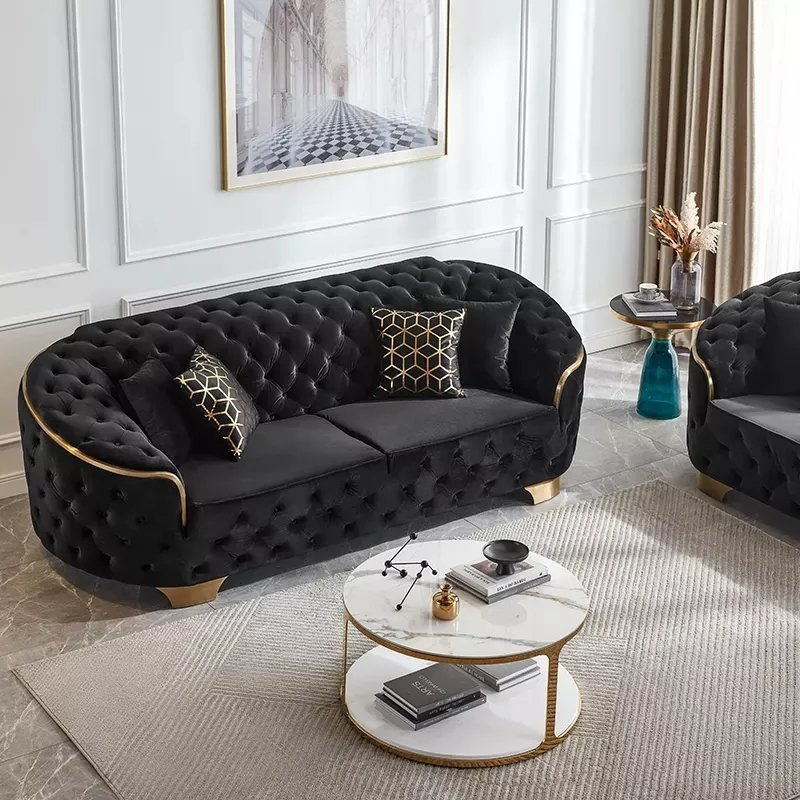 Luxury living room gold stainless steel sofa, velvet soft bag export sofa hotel office sofa combination