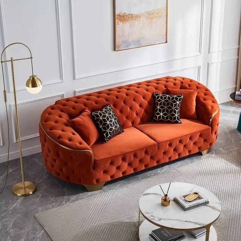 Luxury living room gold stainless steel sofa, velvet soft bag export sofa hotel office sofa combination