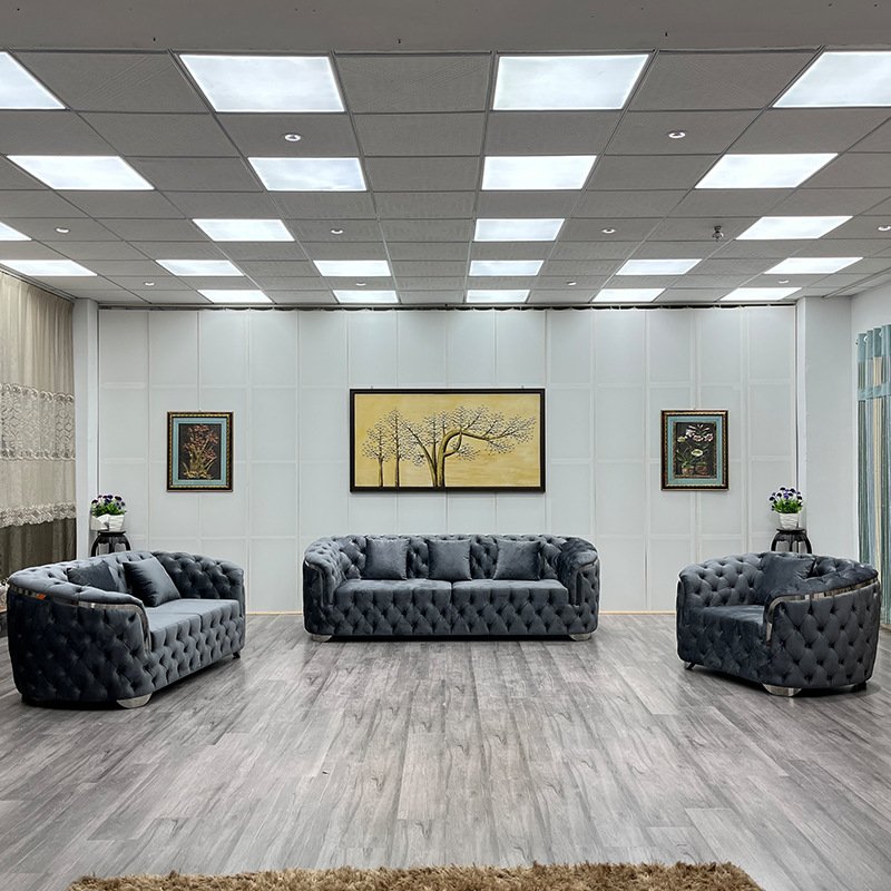 Luxury living room gold stainless steel sofa, velvet soft bag export sofa hotel office sofa combination