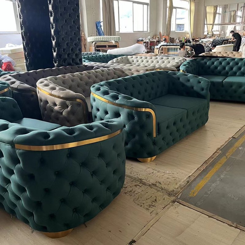 Luxury living room gold stainless steel sofa, velvet soft bag export sofa hotel office sofa combination
