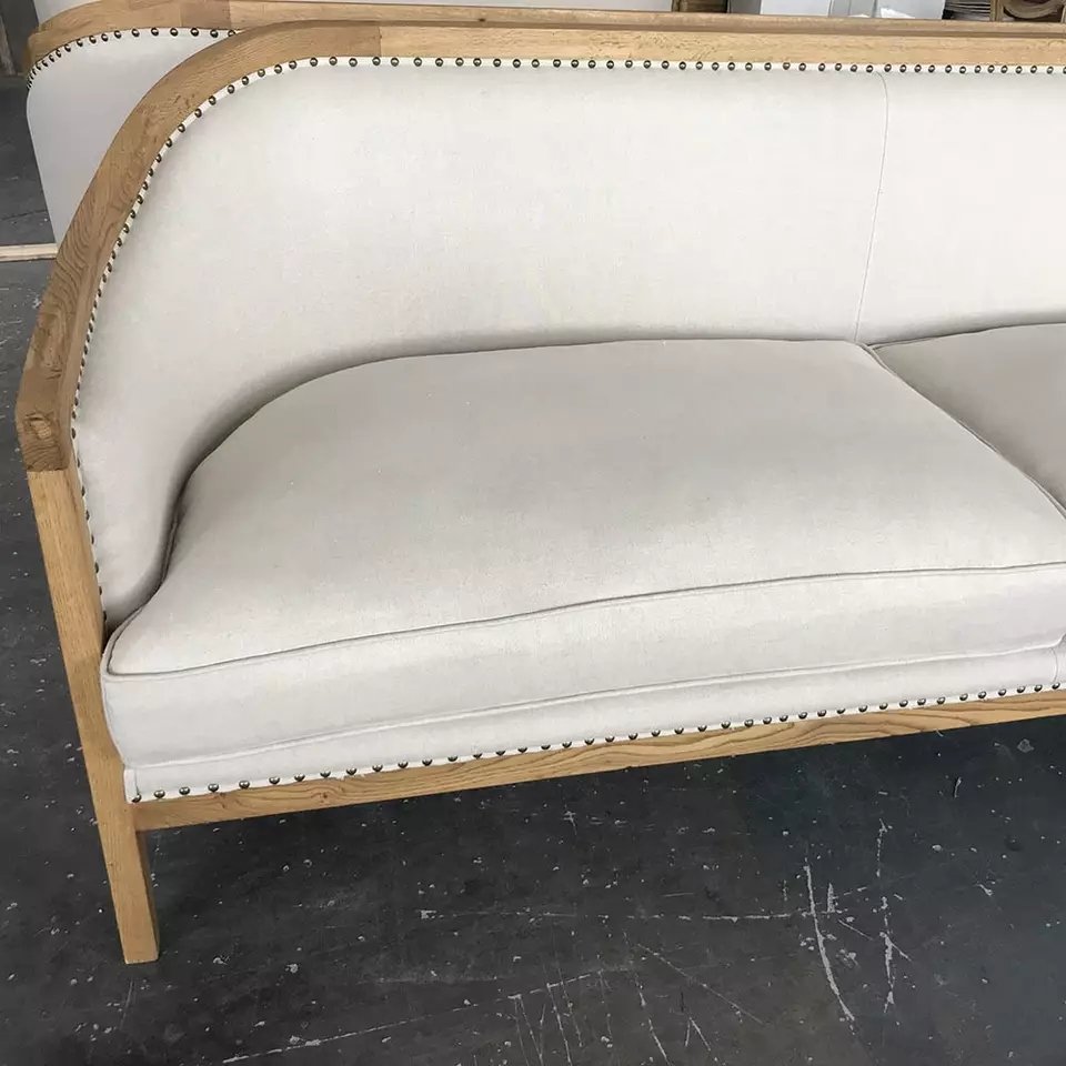 MRS WOODS French Style Wooden Frame White Upholstered Slope Arm Sofa Love Seat With Oak Legs