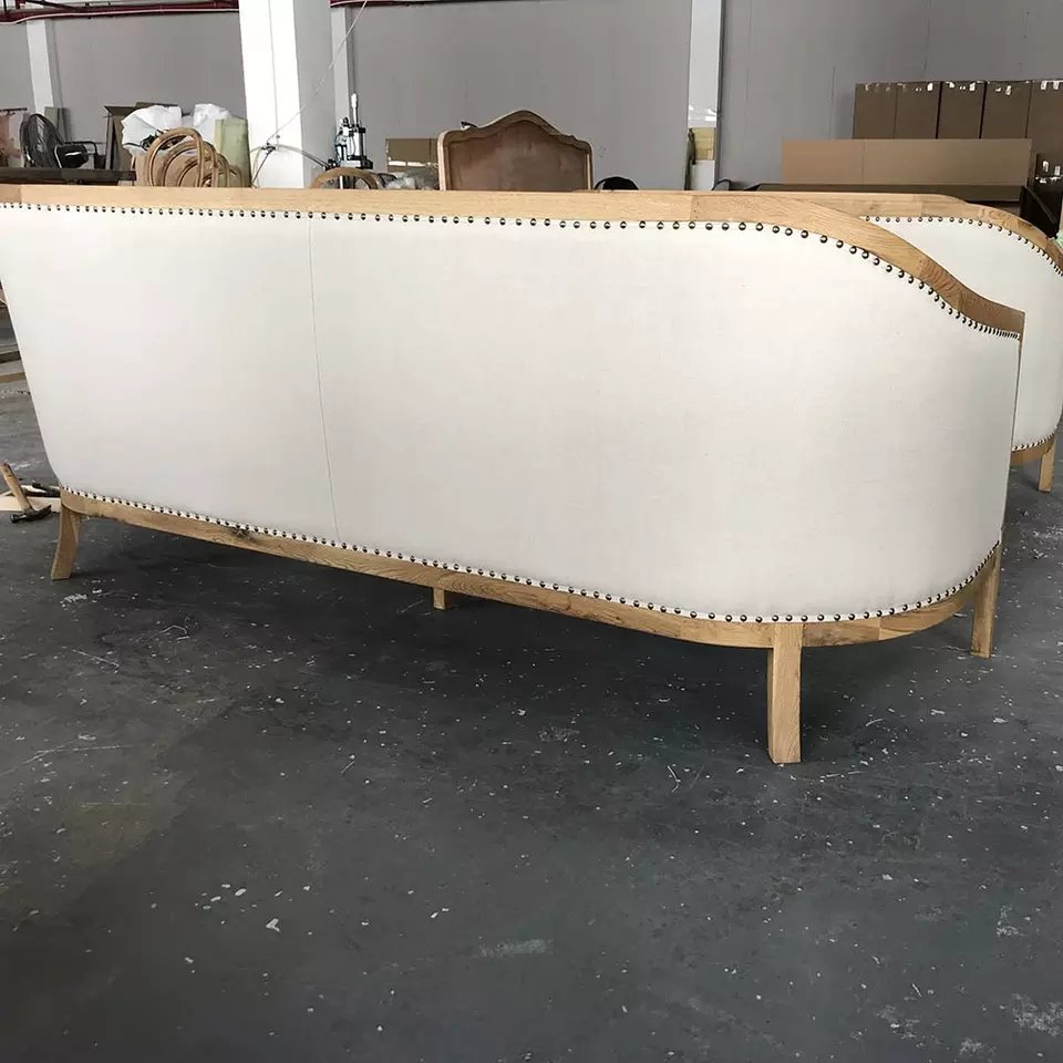 MRS WOODS French Style Wooden Frame White Upholstered Slope Arm Sofa Love Seat With Oak Legs