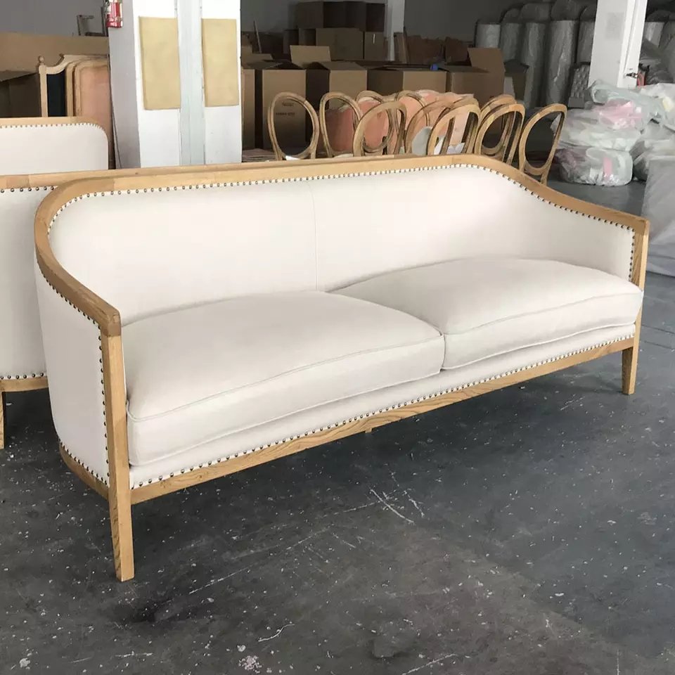 MRS WOODS French Style Wooden Frame White Upholstered Slope Arm Sofa Love Seat With Oak Legs