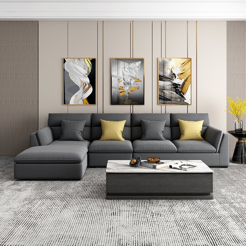 Luxury Modern Waterproof Fabric Velvet Grey l Shape Single 3 Seater Sectional Hotel Sofa Set Furniture Couch Living Room Sofas