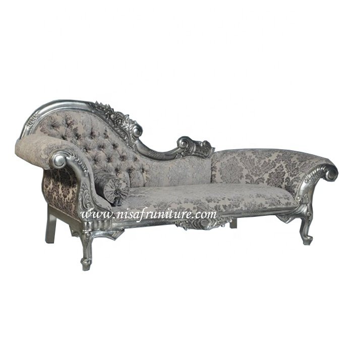 French Antique Chaise Lounge Sofa Solid Wood Mahogany with Tufted Upholstery in Silver Gray for Living Room Furniture Weddings