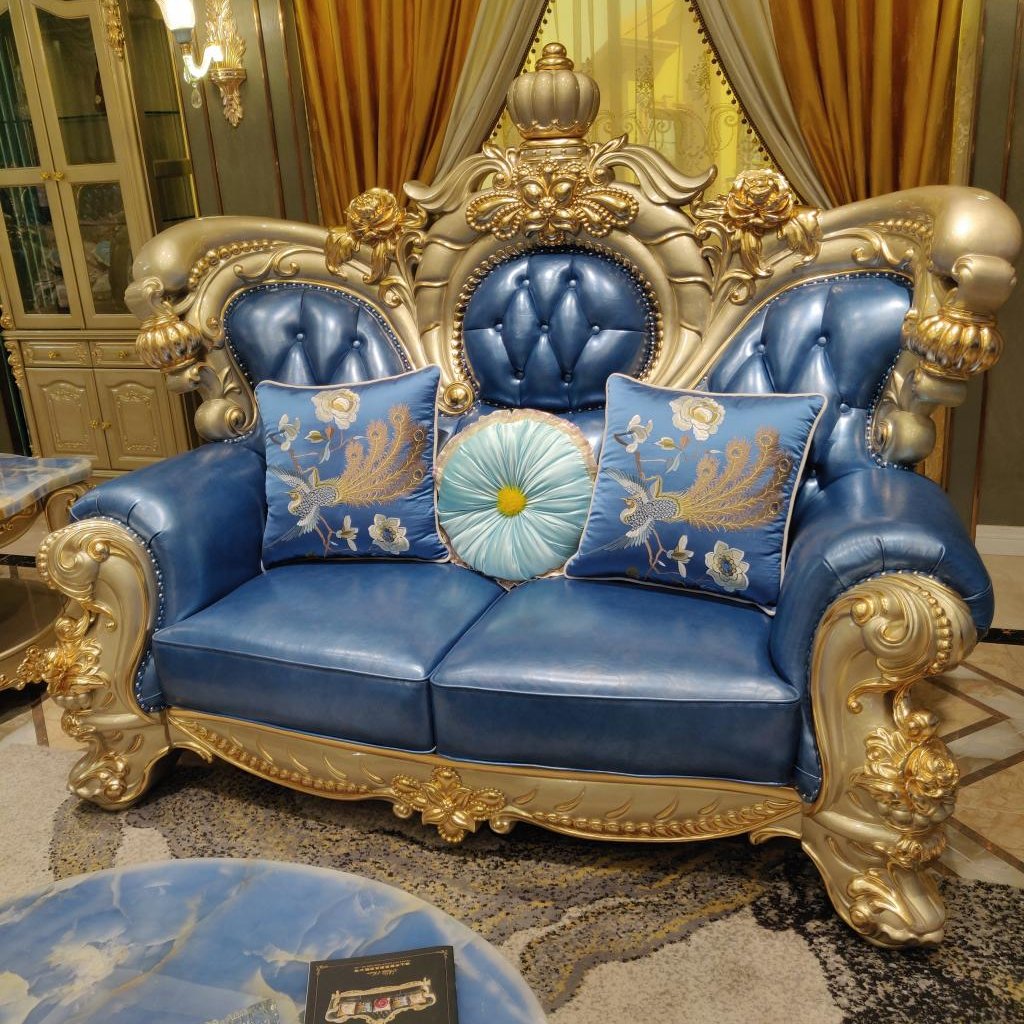 high quality Germany living room leather sofa,blue leather wooden antique furniture house sofa set luxury four seat