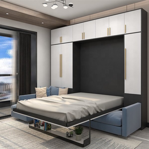 particle board or plywood murphy bed gas piston mechanism with sofa and top shelving