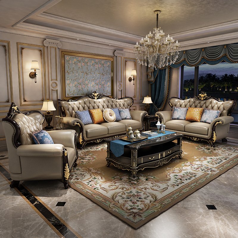 European-style Leather Living Room Sofa Combination Solid Wood Carved Couch Tufted Leisure Sofa Chair For Home Hotel Furniture