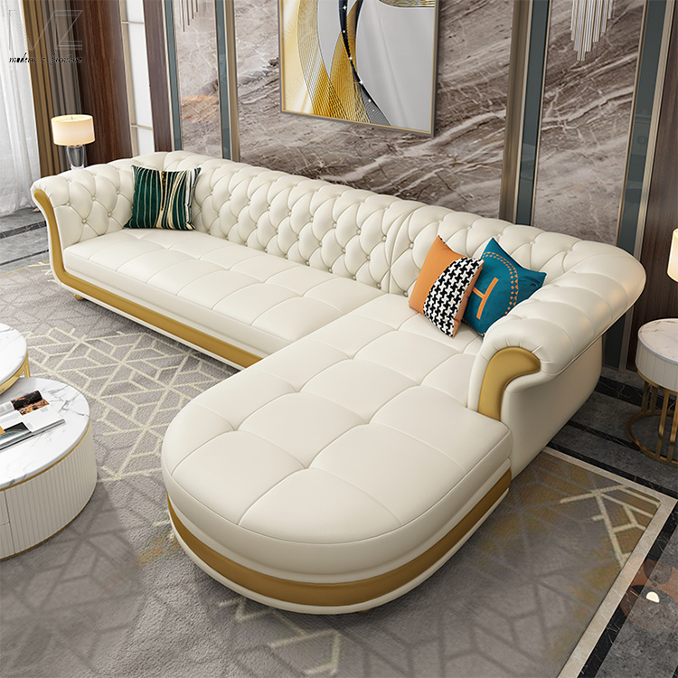 Hotel Single 3 4 Seater Modern Pu Leather L Shape Sectional Chesterfield Sofa Set Living Room Furniture For Home Luxury