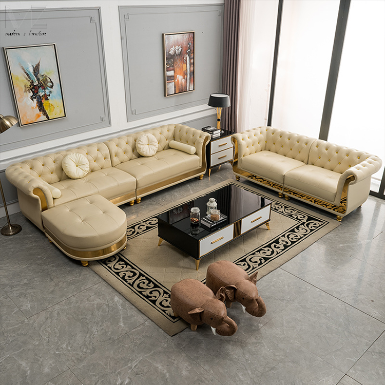 Hotel Single 3 4 Seater Modern Pu Leather L Shape Sectional Chesterfield Sofa Set Living Room Furniture For Home Luxury