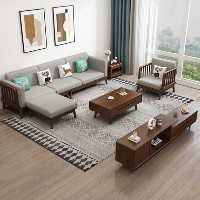 Solid wood sofa combination of modern simple sofa small living room Princess corner wood and fabric sofa