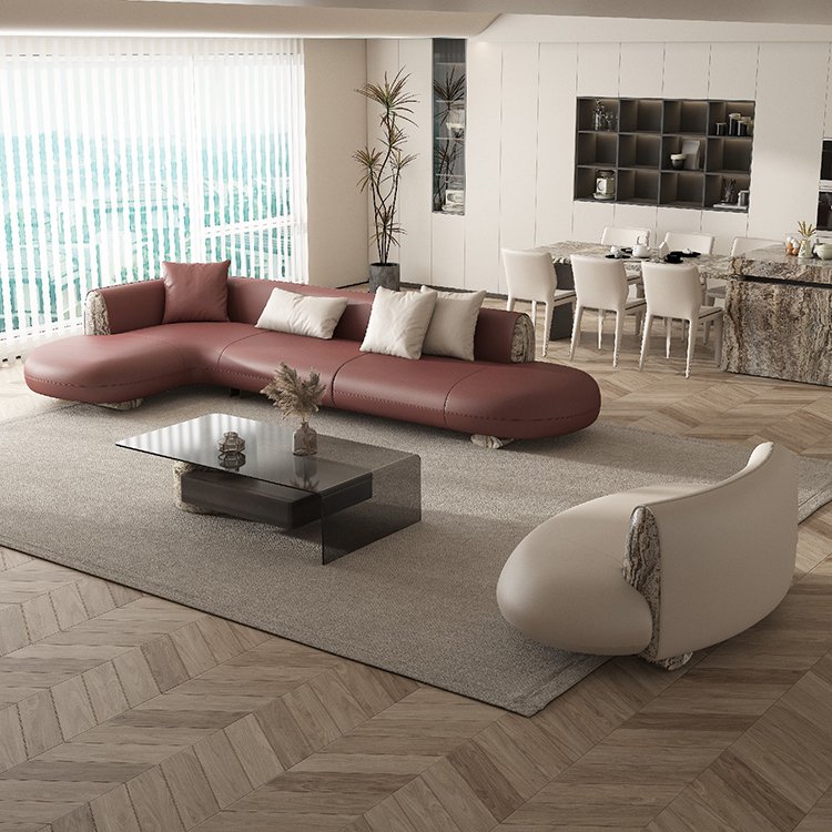 Leather European living room furniture luxury Italian Style sofa set marble wood modern sofa
