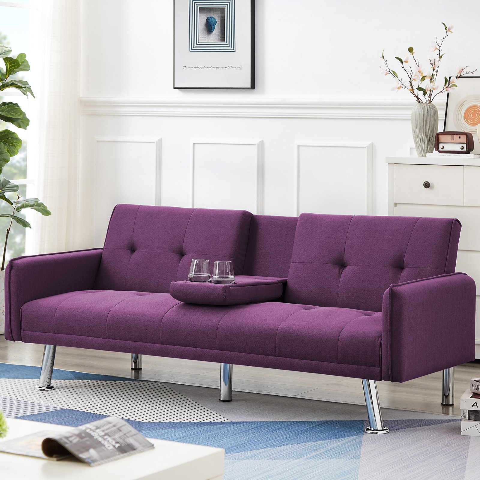 In Stock Linen Fabric Adjustable Angle Convertible Sofa Bed with 2 Cup Holders Modern Luxury Sleeper for Home Office Sofa Bed