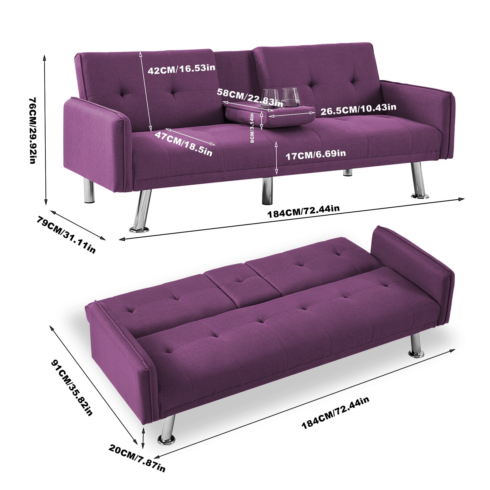 In Stock Linen Fabric Adjustable Angle Convertible Sofa Bed with 2 Cup Holders Modern Luxury Sleeper for Home Office Sofa Bed