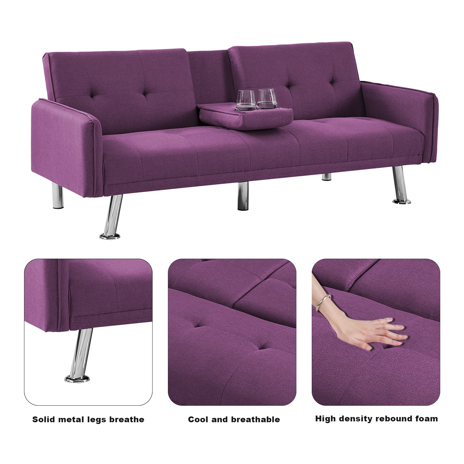 In Stock Linen Fabric Adjustable Angle Convertible Sofa Bed with 2 Cup Holders Modern Luxury Sleeper for Home Office Sofa Bed