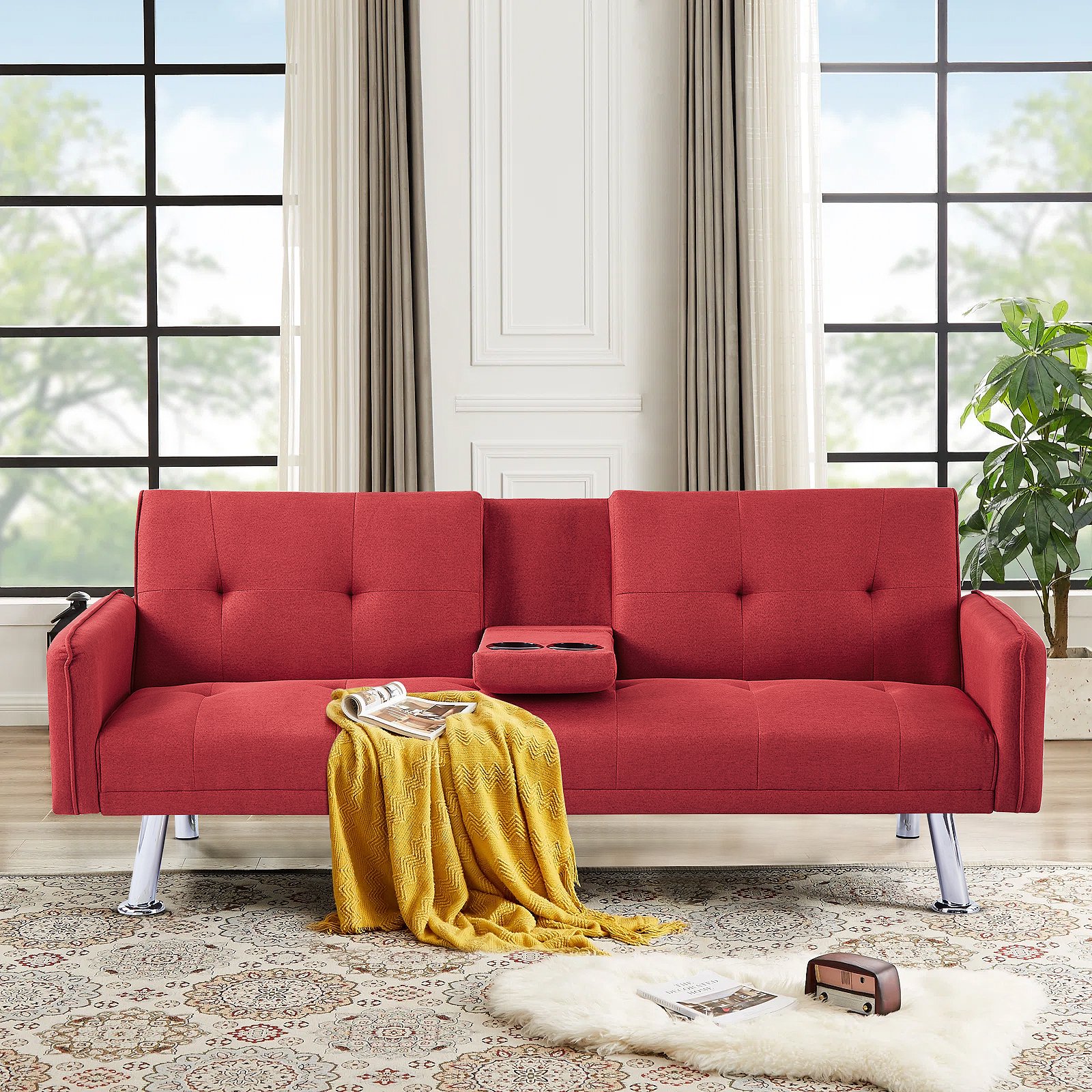 In Stock Linen Fabric Adjustable Angle Convertible Sofa Bed with 2 Cup Holders Modern Luxury Sleeper for Home Office Sofa Bed