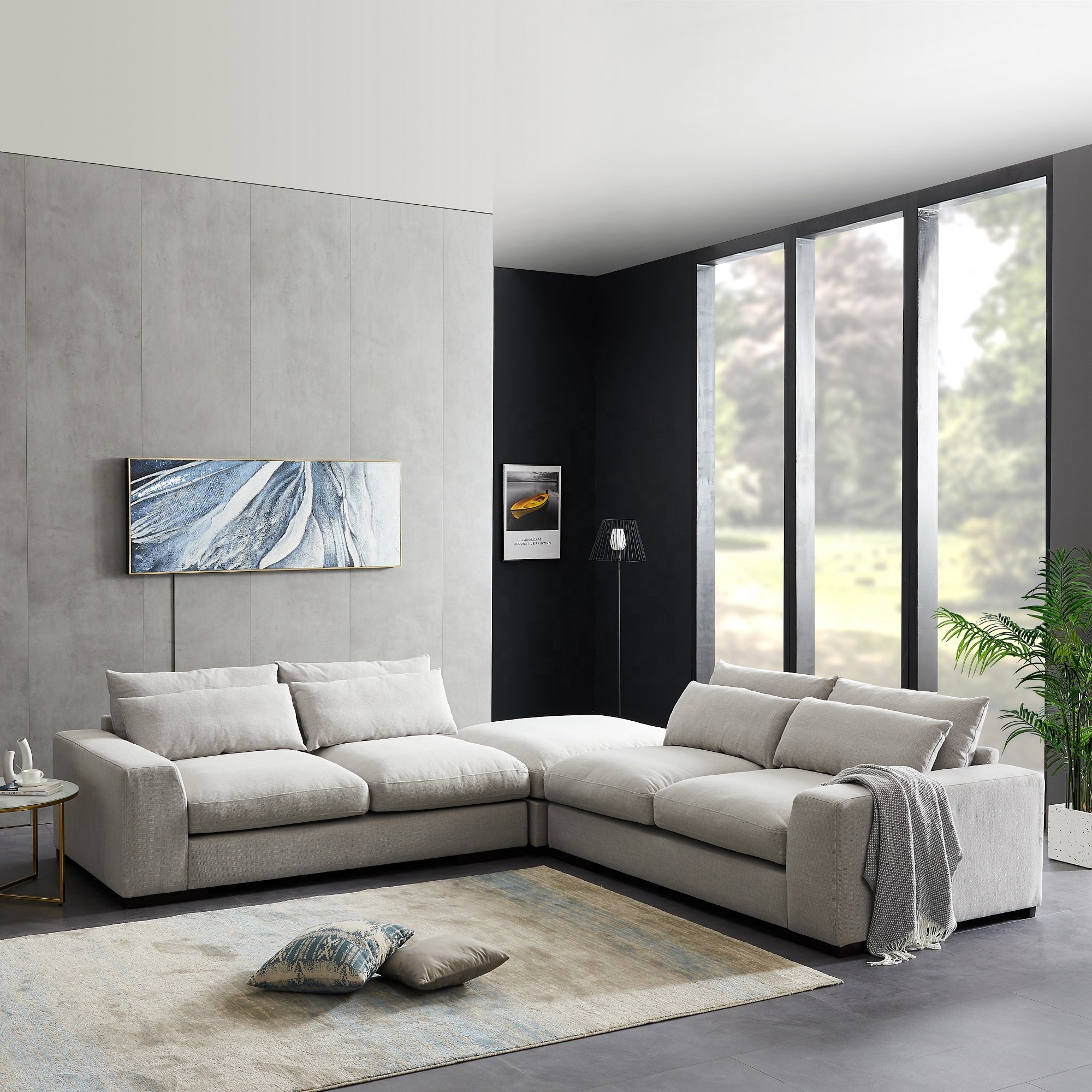 Modern luxury couch linen fabric light grey down feather modular corner sectional couch for living room
