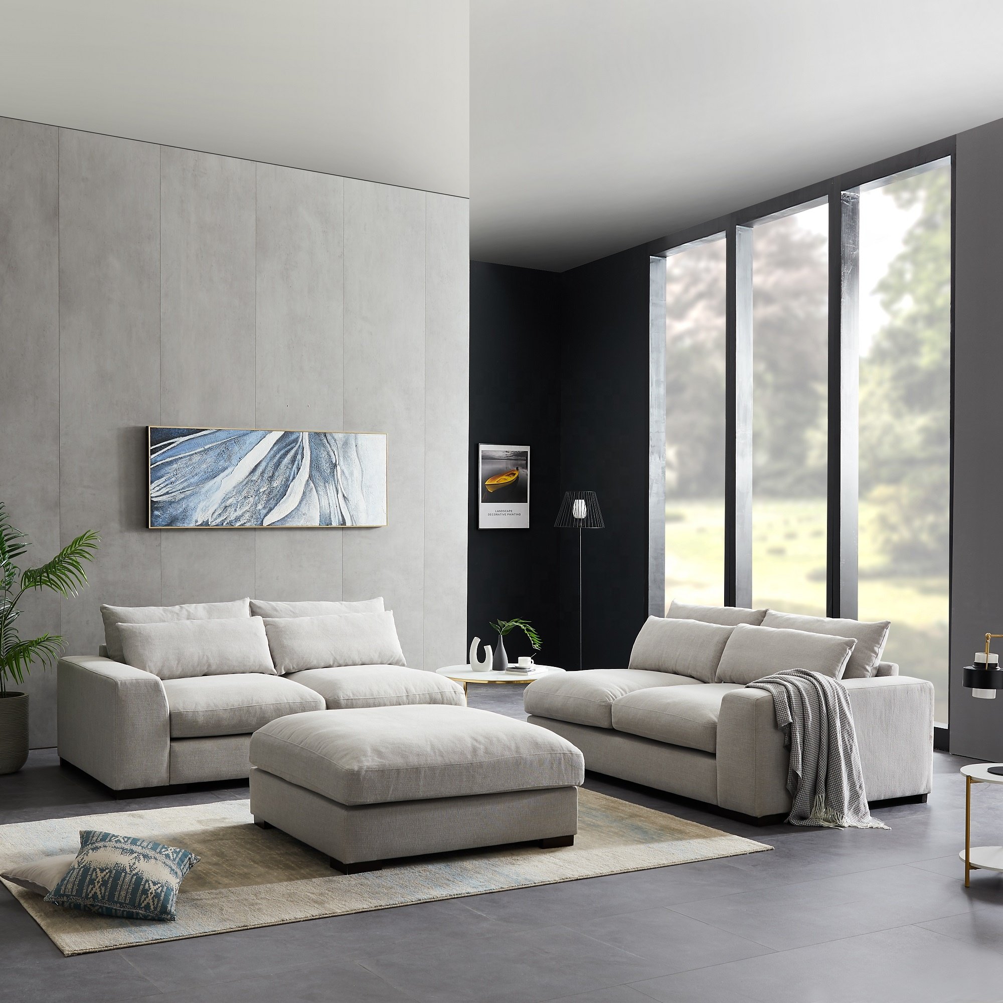 Modern luxury couch linen fabric light grey down feather modular corner sectional couch for living room