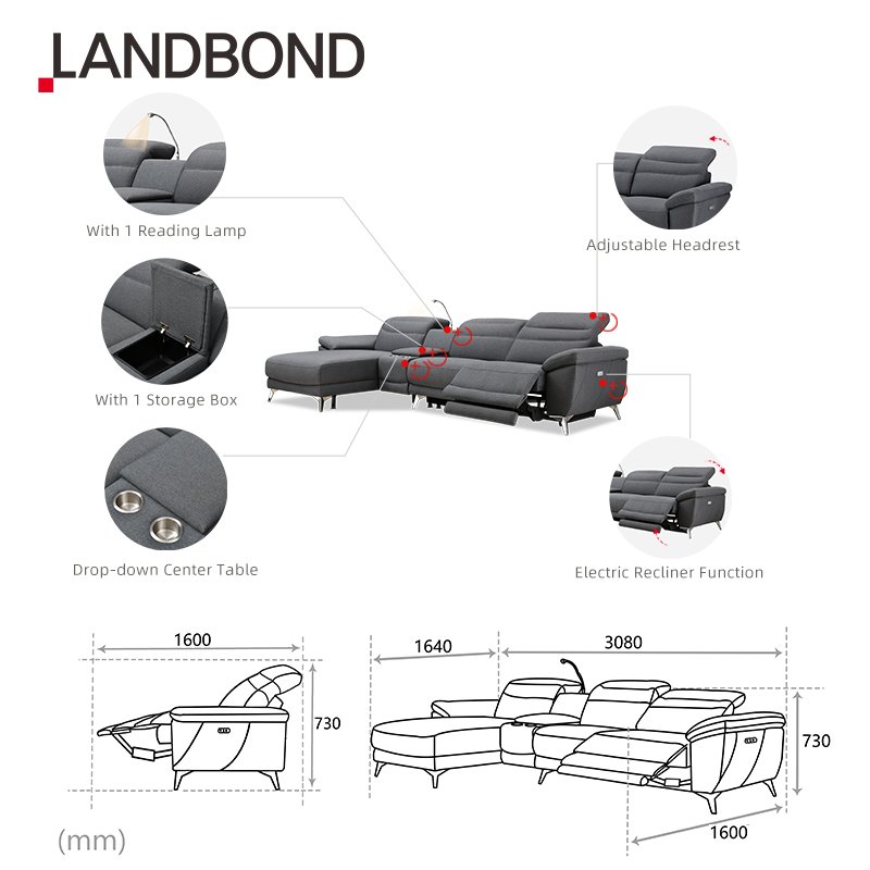Home Sofa L Shape Modern Three Seat Electric Recliner Sectional L Shape Chaise Led Lamp Sitting Room Furniture Living Room Sofa