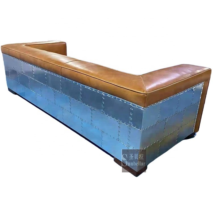 Premium quality Vintage Brown Leather Aluminium sofa 3seater living room sofa couch hotel lobby Aviation furniture sofa