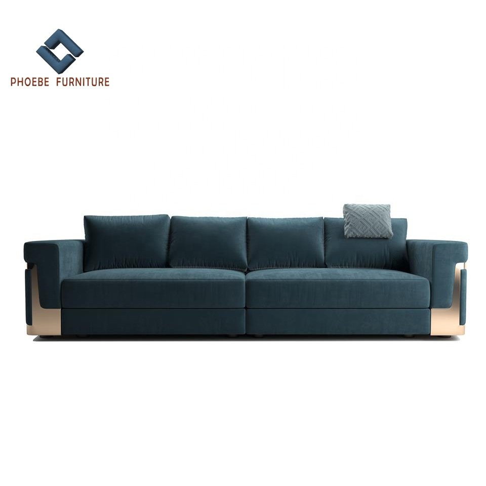 Luxury fendy green velvet modern sofa set with shinning metal frame living room furniture couch
