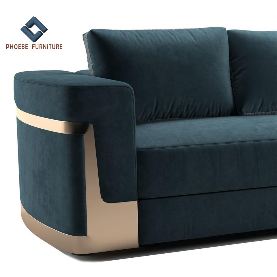 Luxury fendy green velvet modern sofa set with shinning metal frame living room furniture couch
