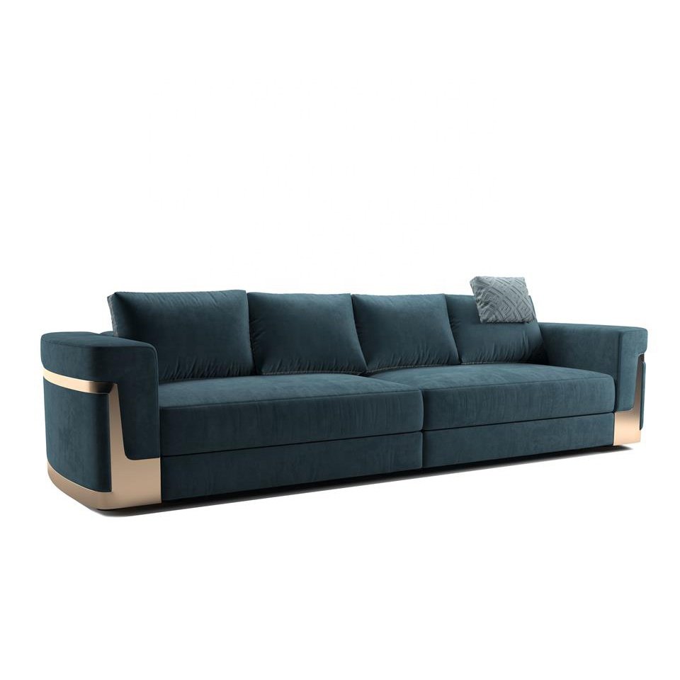 Luxury fendy green velvet modern sofa set with shinning metal frame living room furniture couch