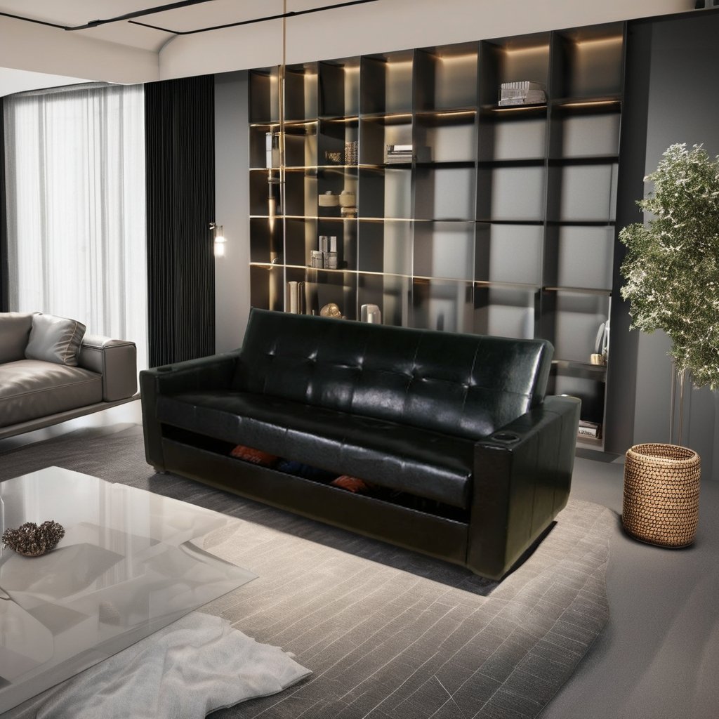 Modern Design Living Room Furniture Arms Folding Leather PU Flat Futon Storage Chesterfield Sofa Cum Bed With Cup Holder