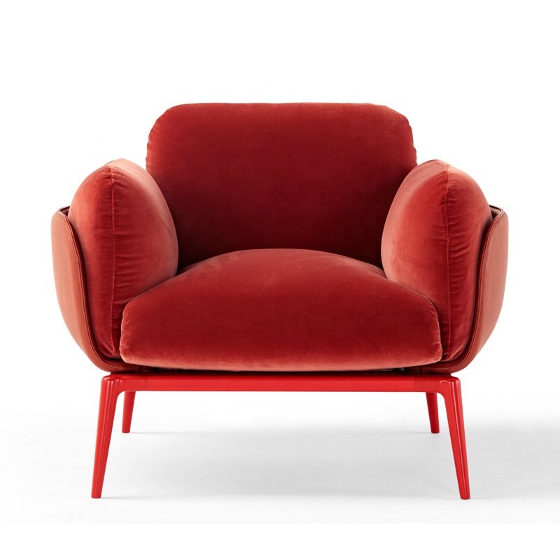 Modern luxury sofa chair red metal leg velvet fabric office sofa suite apartment beauty salon hotel lobby bedroom single person