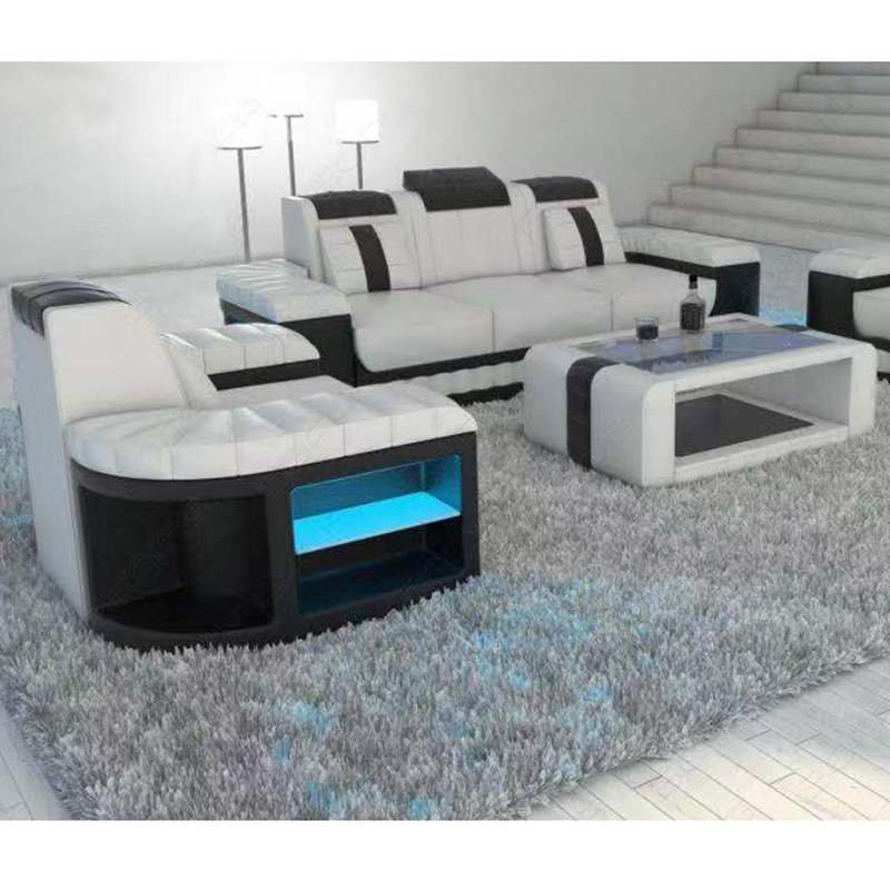 New design super modern style living room and lounge suites furniture leather sofa set with led lamps