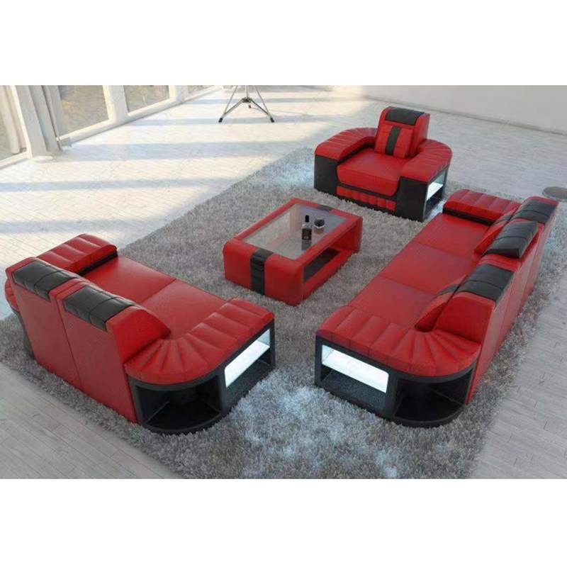 New design super modern style living room and lounge suites furniture leather sofa set with led lamps