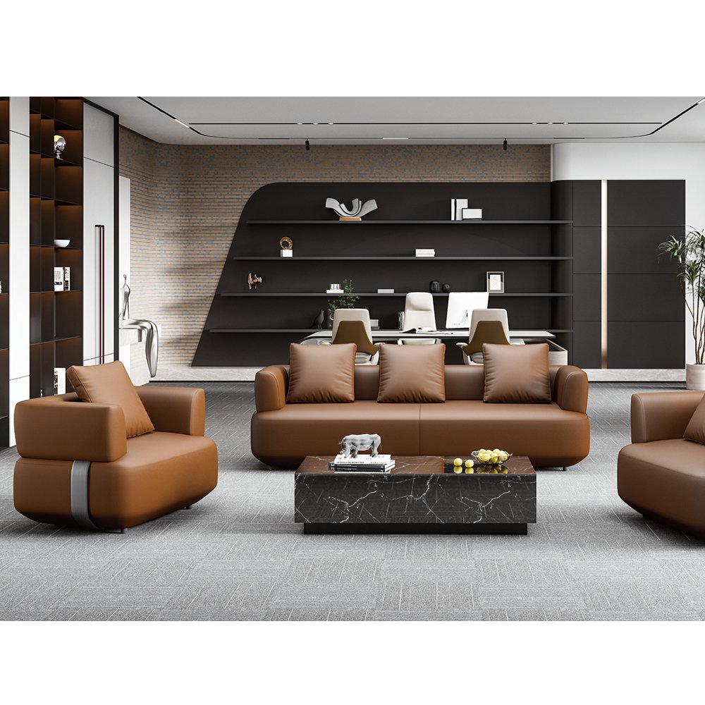 Luxury and high-quality office furniture modern brown leather office sofa combination 3-seater office sofa furniture lounge sofa