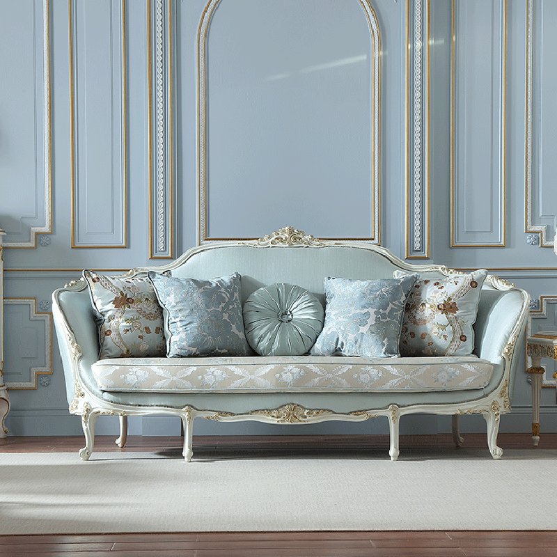 luxury classic furniture sofa and gold leaf carved sofa light blue color fabric living room sofa set