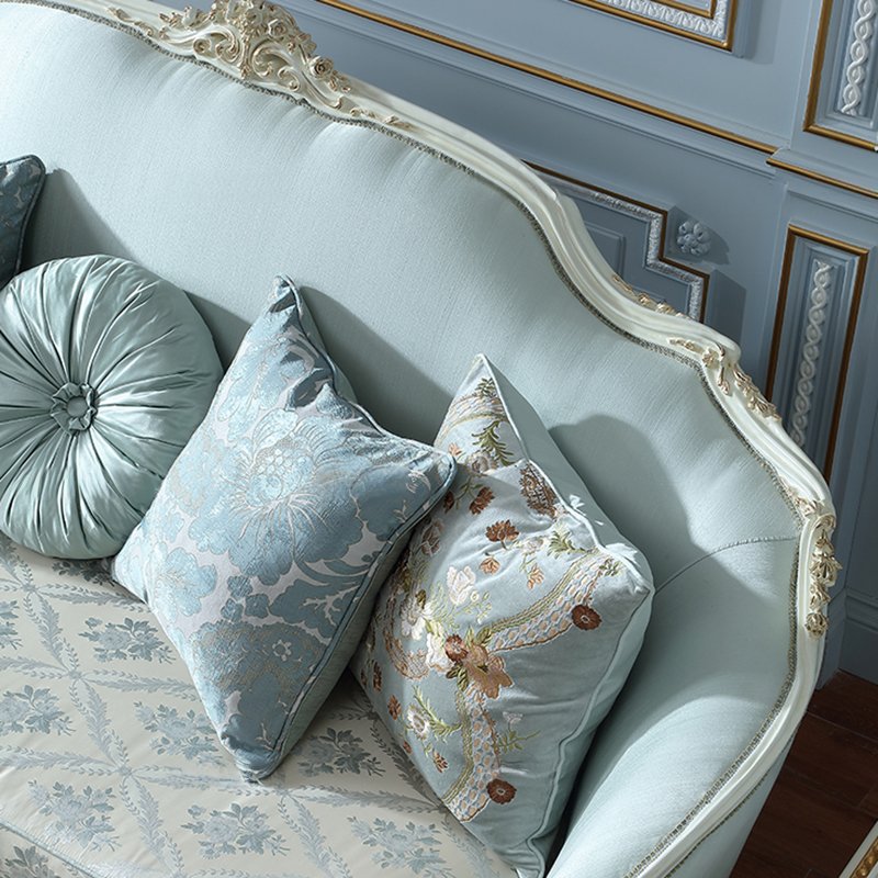 luxury classic furniture sofa and gold leaf carved sofa light blue color fabric living room sofa set
