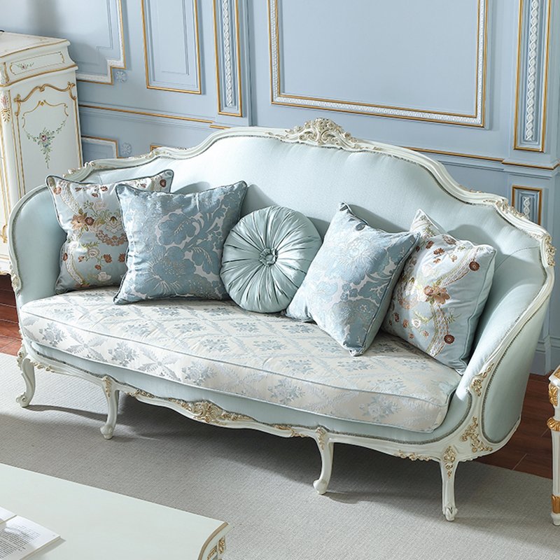 luxury classic furniture sofa and gold leaf carved sofa light blue color fabric living room sofa set